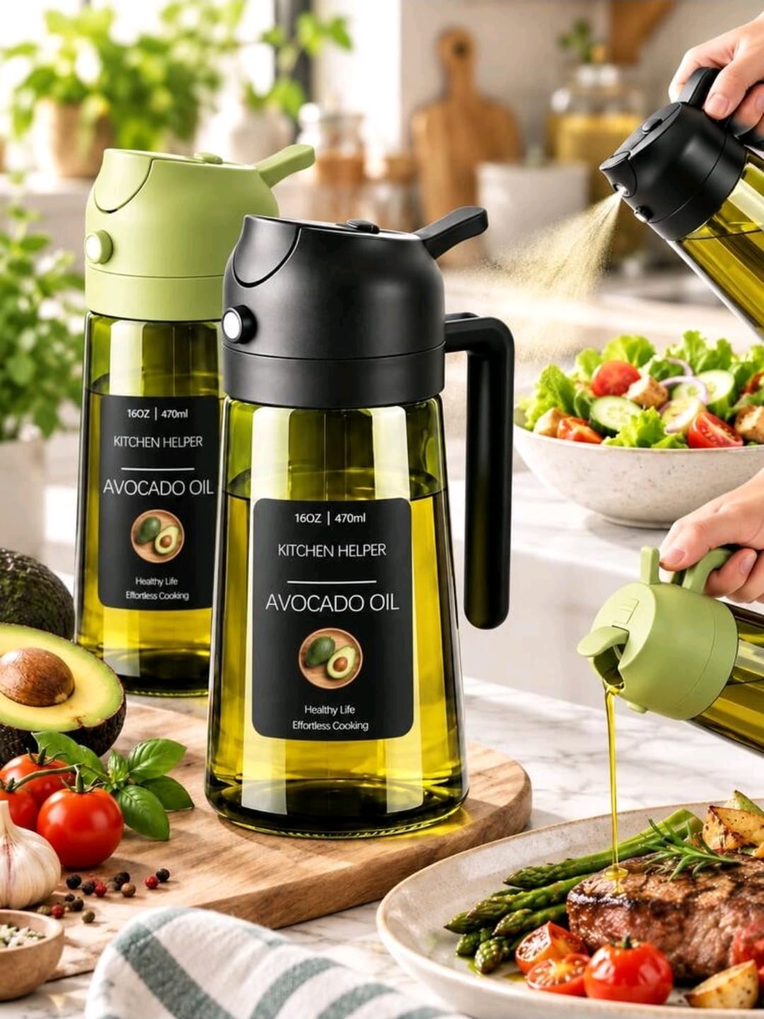 Set (2 Pieces) 470ml 2-in-1 Oil Sprayer & Dispenser Bottle – Dual-Function Cooking Oil Container for Kitchen & BBQ + 8 Stickers