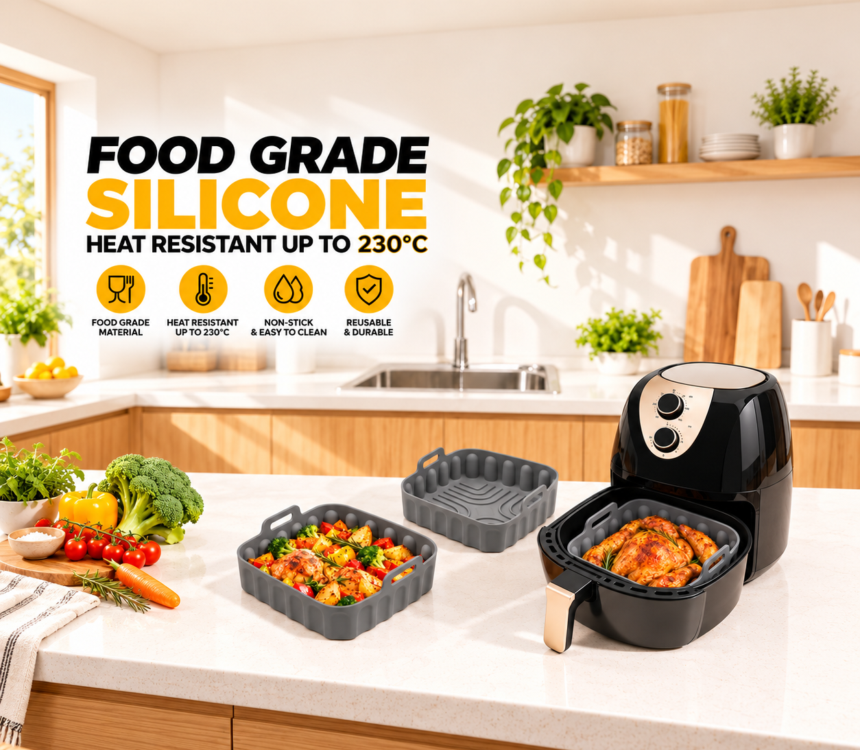 20 cm Silicone Air Fryer Square Basket with Handles – Reusable, Non-Stick & Easy to Clean (BPA Free, FDA Certified)