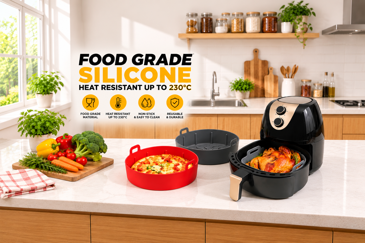 16 cm Silicone Air Fryer Round Basket with Handles – Reusable, Non-Stick & Easy to Clean (BPA Free, FDA Certified)