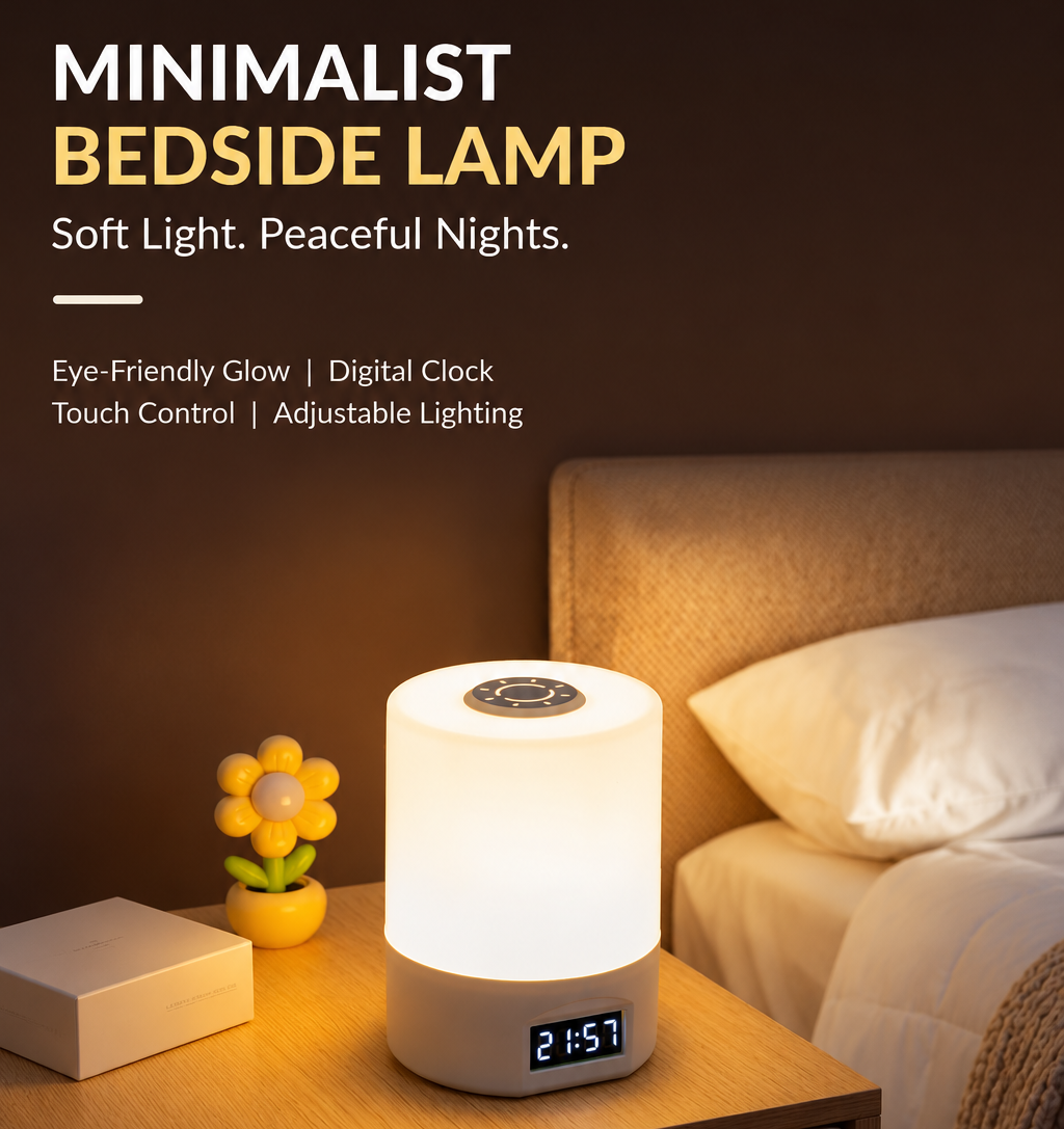 Rechargeable LED Touch Bedside Lamp with Digital Clock & Remote Control – 3 Light Modes