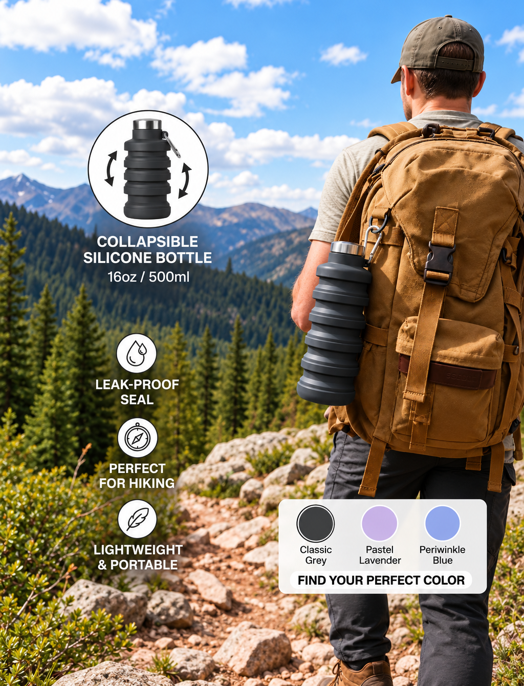 500ml Collapsible Silicone Water Bottle with Stainless Steel Lid & Carabiner (food-grade and BPA-free)