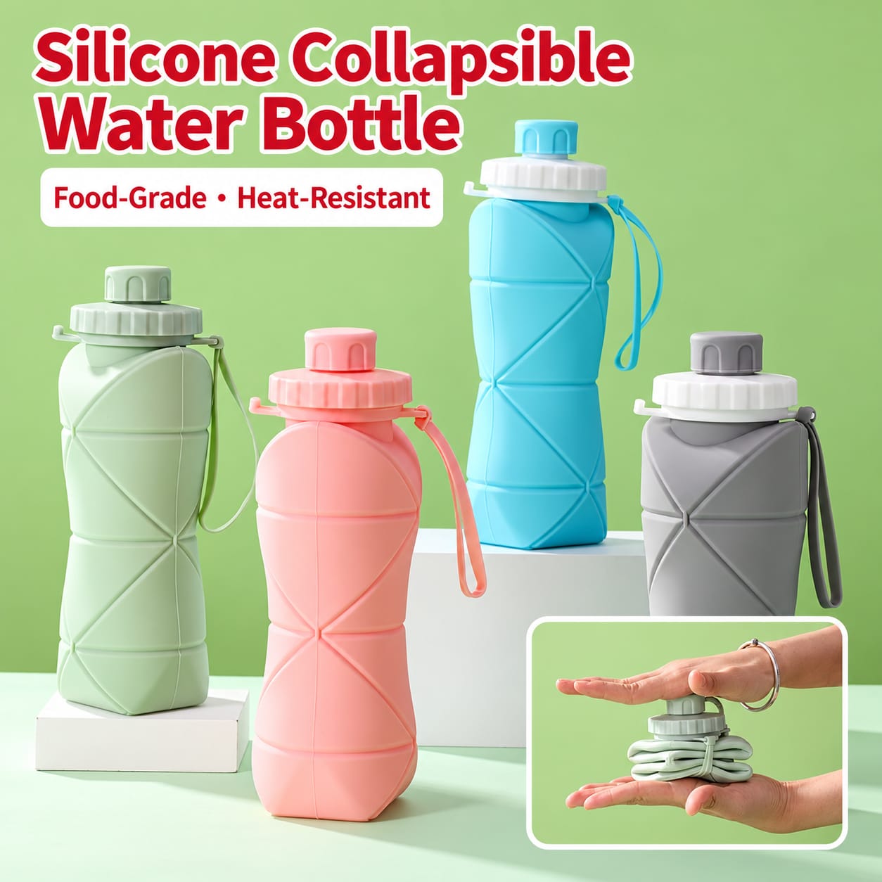 600ml Collapsible Silicone Water Bottle with Stainless Steel Lid & Carabiner (food-grade and BPA-free)